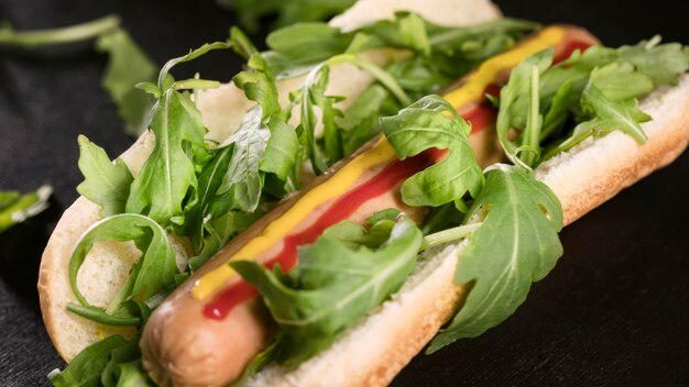 Close-up delicious hot dog with edible leaves