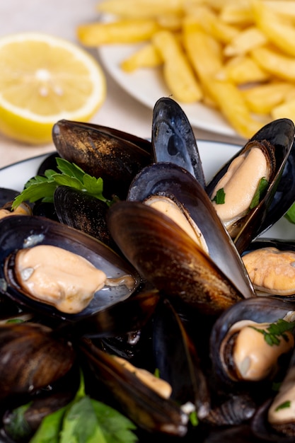 Close-up delicious mussel shells