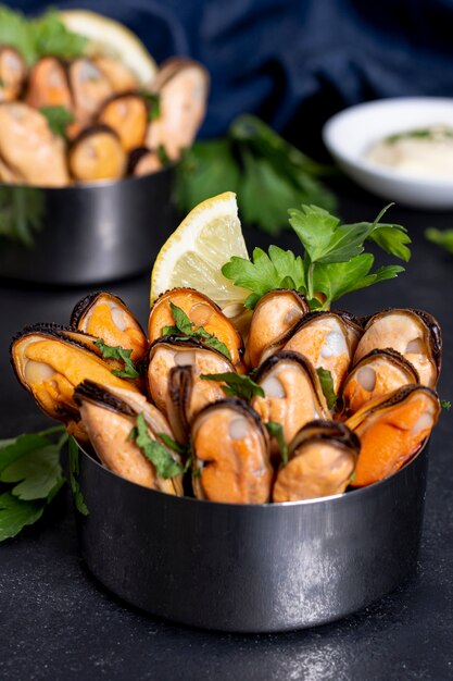 Close-up delicious mussels with parsley