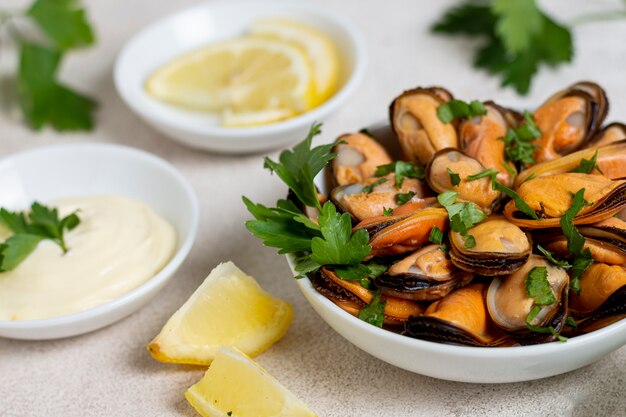 Close-up delicious mussels with parsley