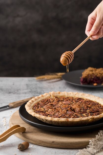 Close-up delicious pecan pie ready to be served