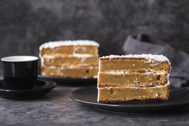 Close-up delicious pieces of cake ready to be served