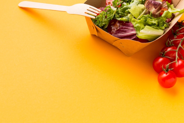 Primo piano della scatola di insalata deliziosa con i pomodori