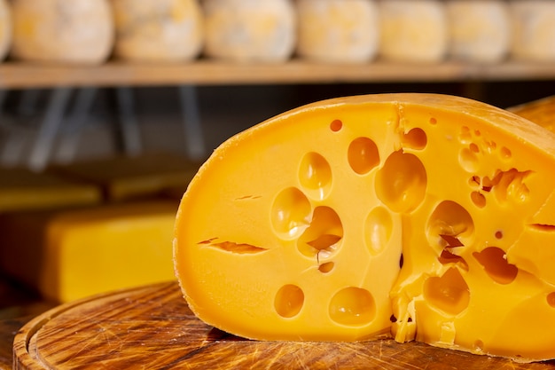 스위스 치즈의 근접 맛있는 조각