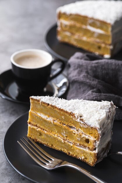 Close-up delicious slices of cake ready to be served