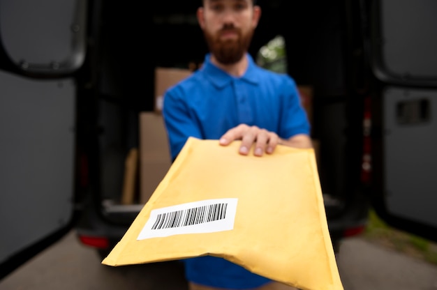 Close up delivery man holding pack