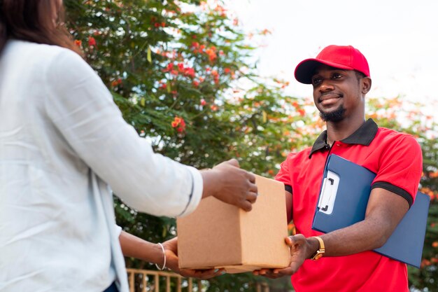 Close up on delivery person giving parcel to client