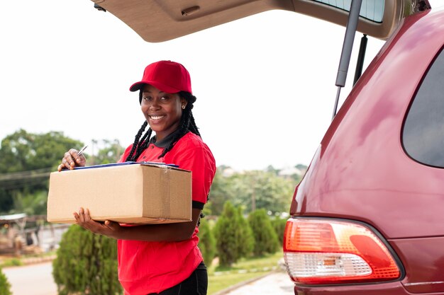 Close up on delivery person with parcel