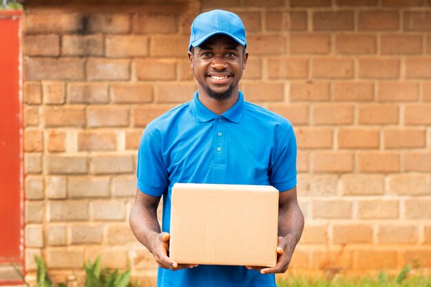 Close up on delivery person with parcel