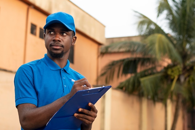 Close up on delivery person with parcel