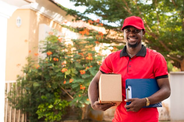 Close up on delivery person with parcel