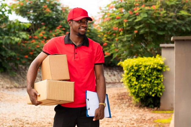 Close up on delivery person with parcels