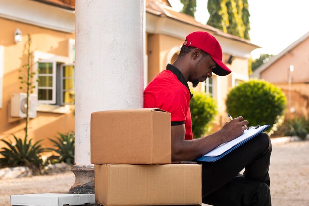 Close up on delivery person with parcels