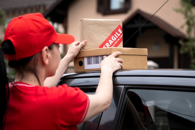 Free photo close up delivery woman holding pack