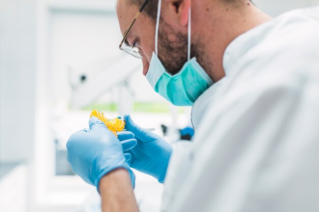 Close-up of a dentist looking at dental impression in clinic