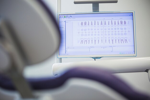 Close-up of dentition chart on monitor screen
