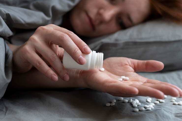 Free Photo close up depressed woman with pills