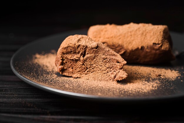 Close-up dessert with cocoa powder