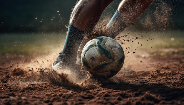 Close up of determined soccer player kicking ball generated by AI