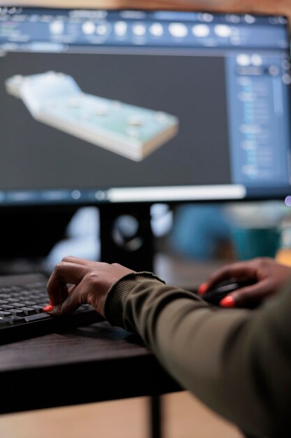 Close up of digital artist working on 3D model to improve geometry and optimise project. Graphics industry person with high modelling skills working with advanced software technology.