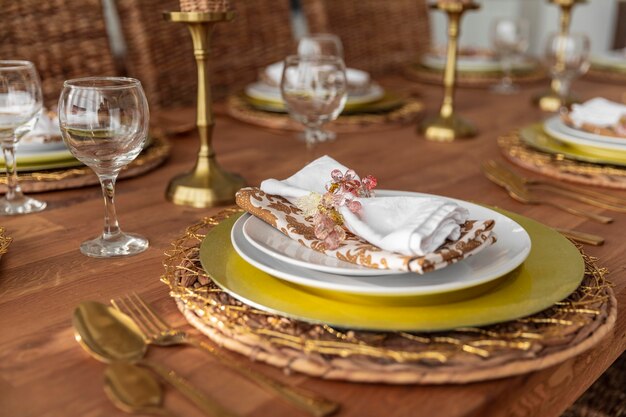 Close-up dining table with plates