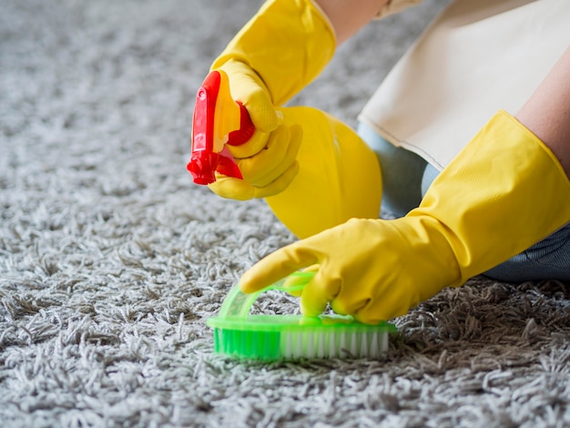 Close-up disinfecting with cleaning supplies