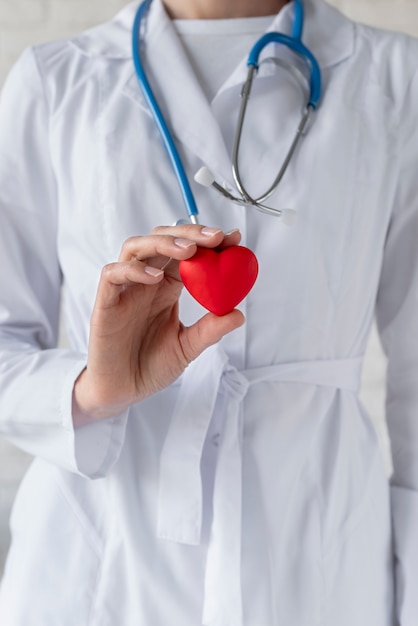 Close up doctor holding red heart
