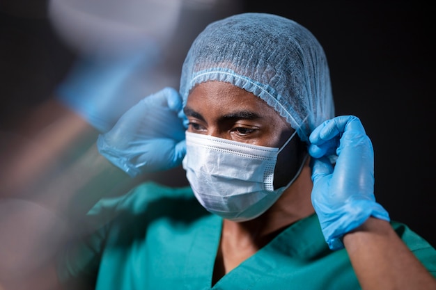 Close up doctor wearing mask