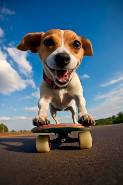 スケートボードに乗っている犬のクローズアップ