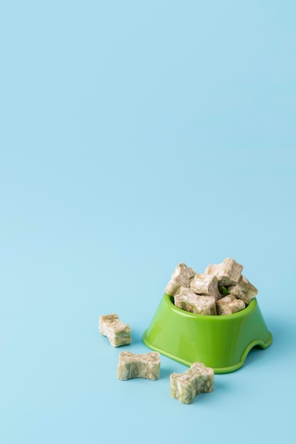 Close up on dog treats in the shape of a bone on food bowl