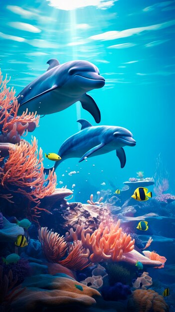 Close up on dolphins surrounded by coral