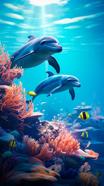 Close up on dolphins surrounded by coral