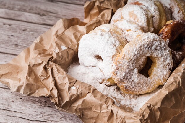 Close-up donuts with sugar powder