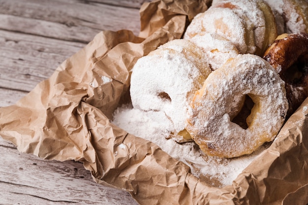 Close-up donuts with sugar powder