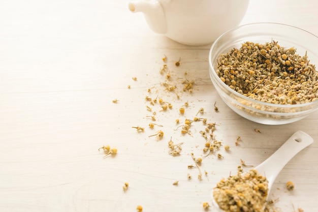 Close-up of dried chinese chrysanthemum flowers in bowl