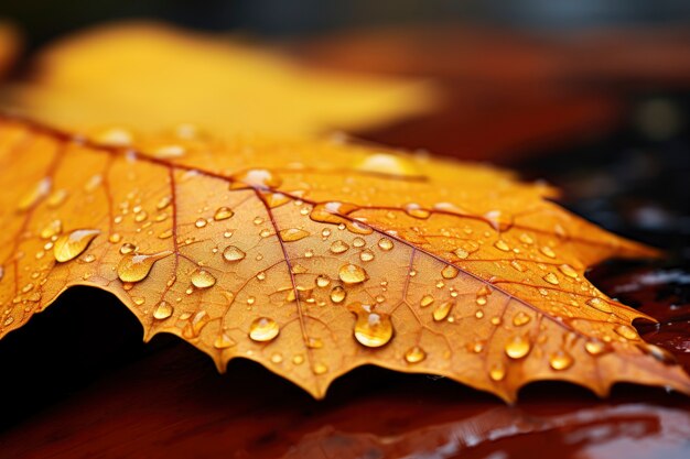 Close-up of dry autumn leaves with dewdrops