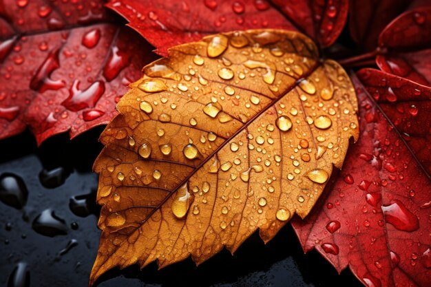 Close-up of dry autumn leaves with dewdrops