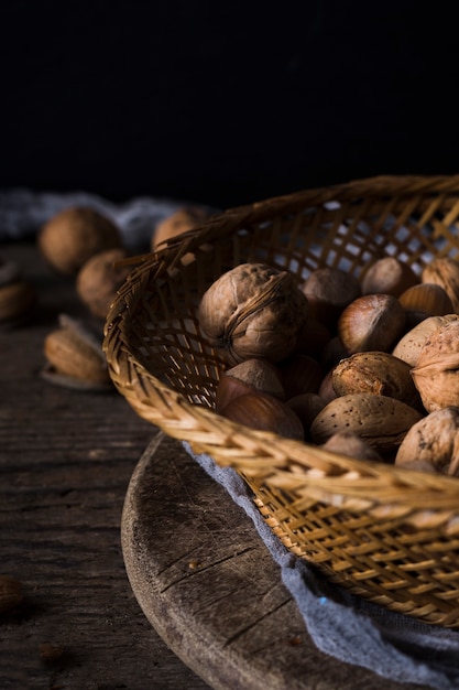 Close-up dry walnuts and hazelnuts