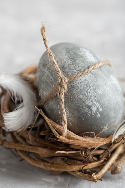 Крупный план пасхального яйца в птичьем гнезде с пером