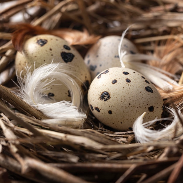 Free photo close-up of easter eggs in bird nest with feathers