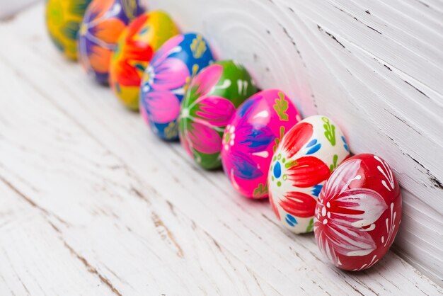 Close-up of easter eggs in row