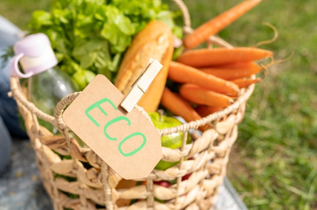 Close-up eco sign and basket with groceries