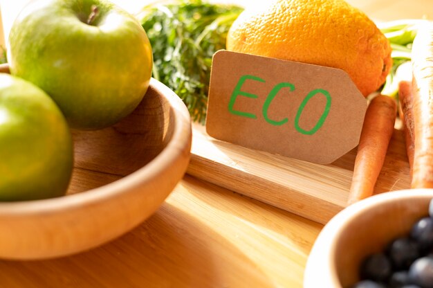 Close-up eco sign near fruits