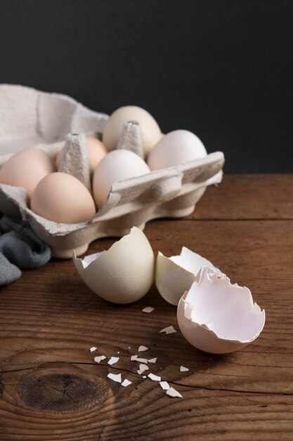 Close-up egg shels on table