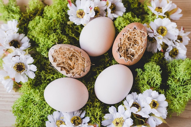 Free photo close-up eggs and flowerson moss