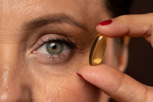 Foto gratuita primo piano della donna più anziana che tiene la pillola dell'olio