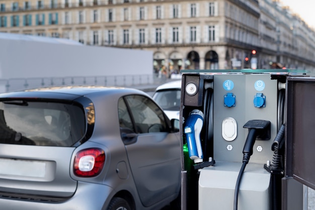 Close up on electric car in france