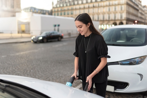 Close up on electric car in france