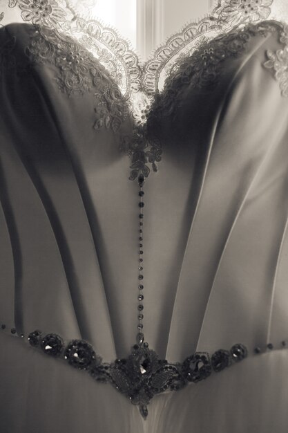 Close-up of elegant corset of wedding dress