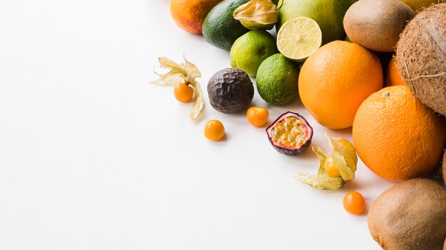 Close-up exotic fruits with copy space